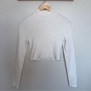 H&M White Cropped Mock Neck Ribbed Long Sleeve Top